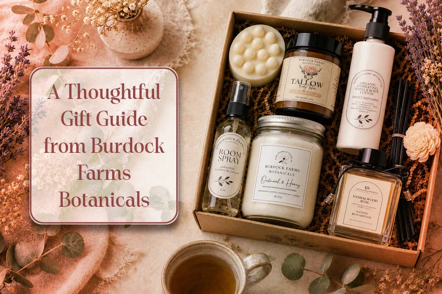 Burdock Farms Botanicals self-care gift set with tallow balm, soy candle, room spray, lotion & reed diffuser