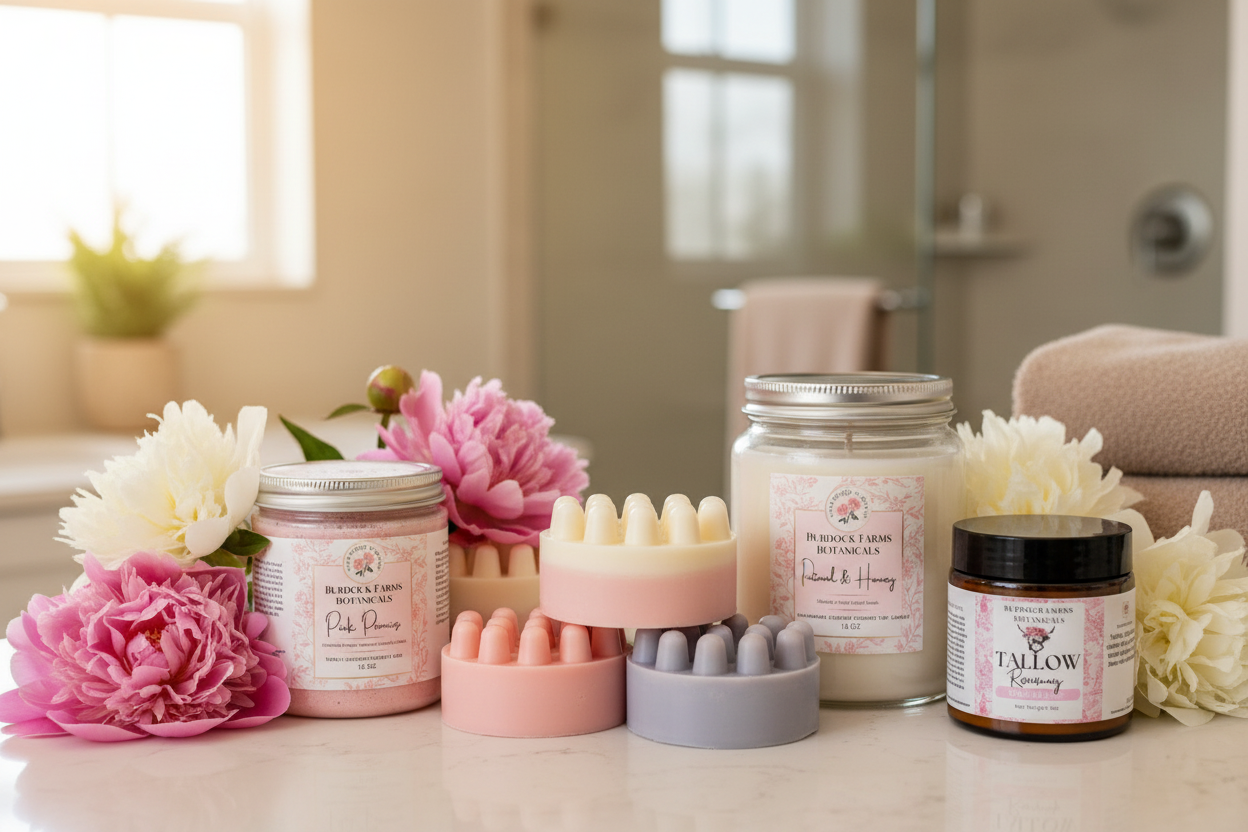 Botanical bathroom banner with clear product labels