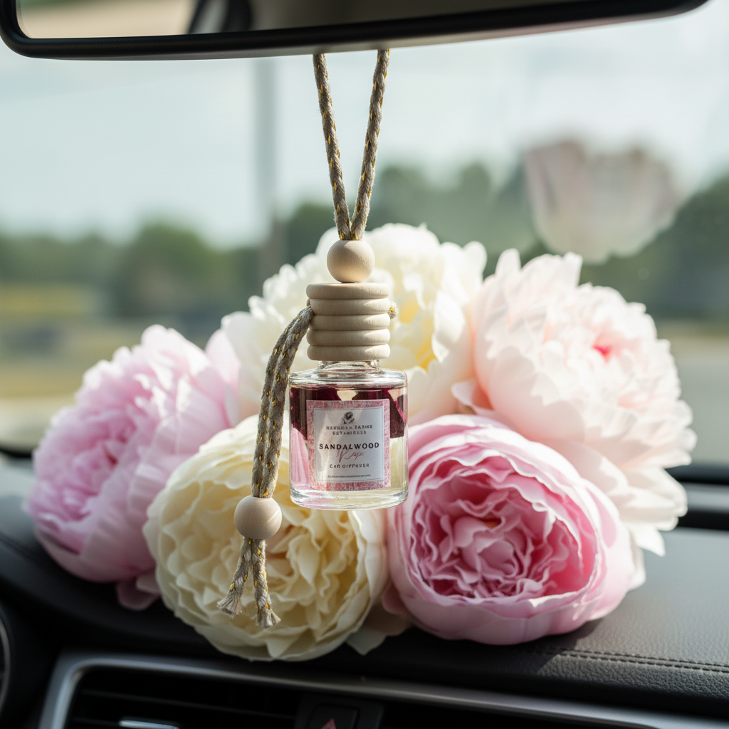 Close-up car diffuser on mirror with peonies