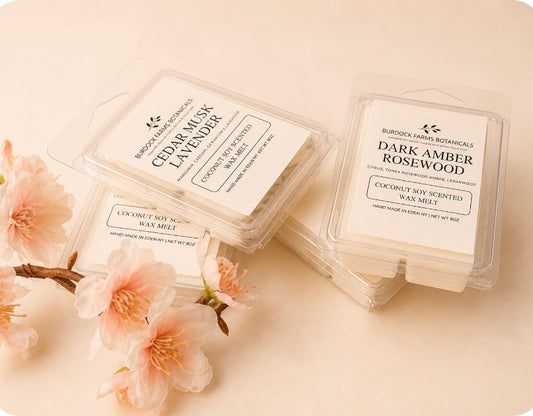 Coconut soy wax melts scented clamshell handmade clean burn by Burdock Farms Botanicals