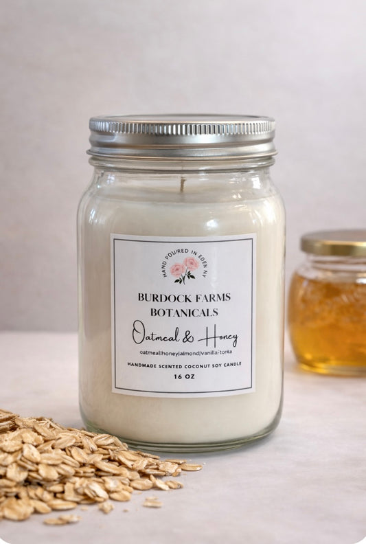 Farmhouse mason jar candle 16oz coconut soy hand poured oatmeal honey scent by Burdock Farms Botanicals
