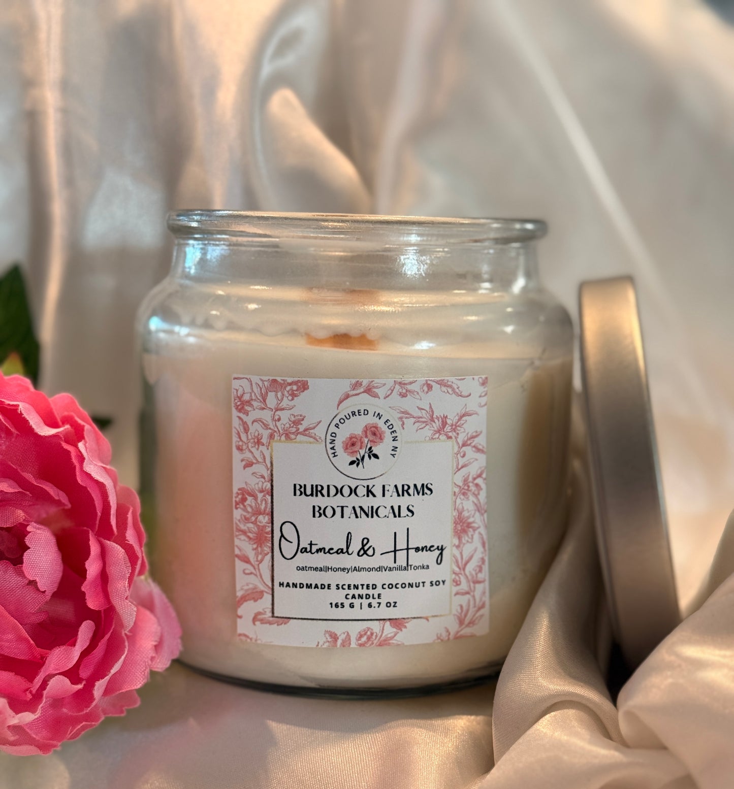 Hand poured coconut soy candle 16oz signature collection oatmeal honey scent Burdock Farms Botanicals