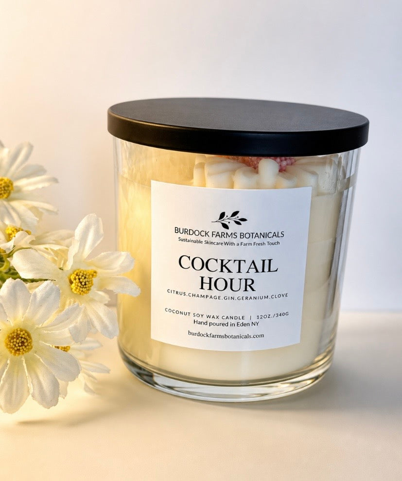 Hand poured seasonal spring soy candle glass tumbler close up Burdock Farms Botanicals