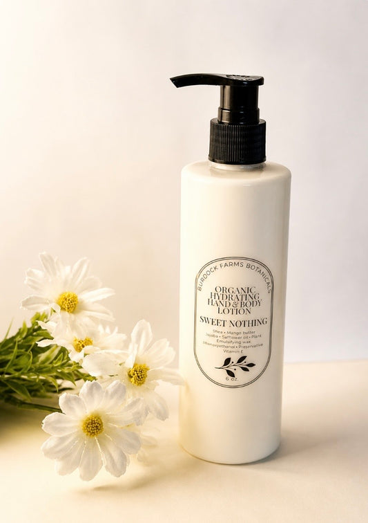 Natural organic hydrating body lotion pump bottle with daisies by Burdock Farms Botanicals