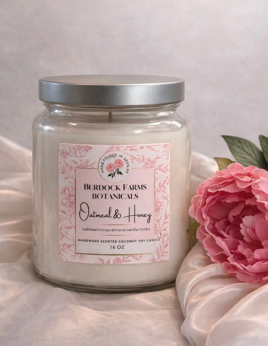 Signature collection coconut soy wood wick candle 16oz with pink flowers by Burdock Farms Botanicals