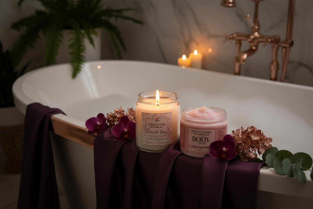Sophisticated bath scene with plum and rose gold tones