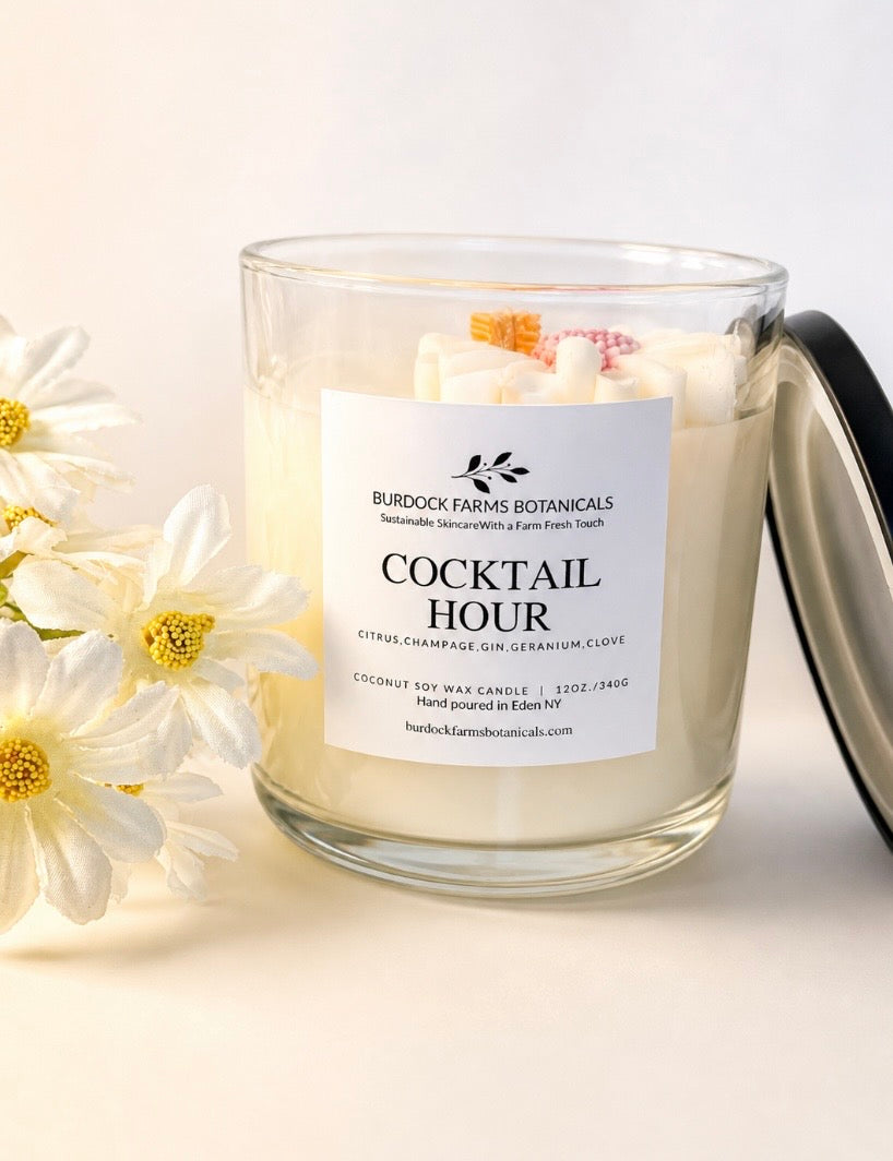 Spring coconut soy candle in luxury glass tumbler with black lid by Burdock Farms Botanicals