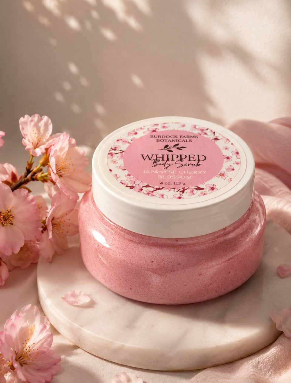 Whipped foaming sugar body scrub seasonal collection pink jar with cherry blossoms by Burdock Farms Botanicals