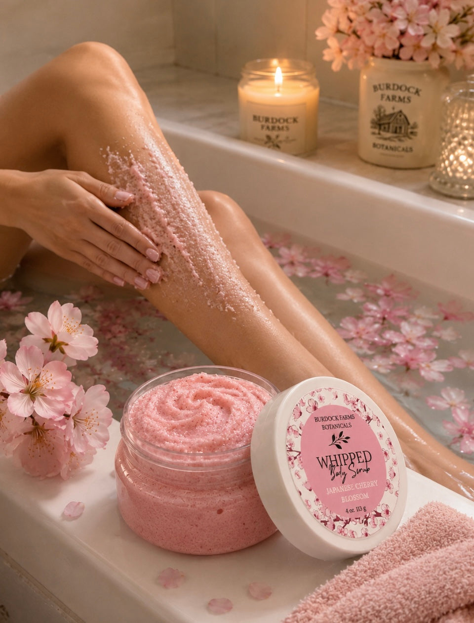Whipped foaming sugar body scrub applied on skin exfoliate dry skin Burdock Farms Botanicals