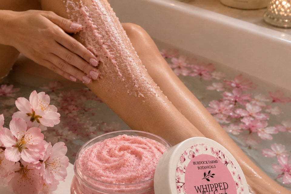 Whipped foaming sugar body scrub applied on skin exfoliate dry skin Burdock Farms Botanicals